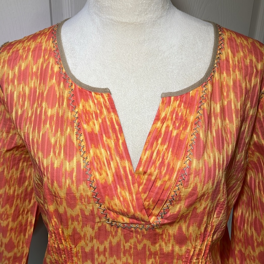 Eddie Bauer Peasant Tunic Blouse Pink Orange Tie Dye Split Neck 3/4 Sleeve - Picture 2 of 8